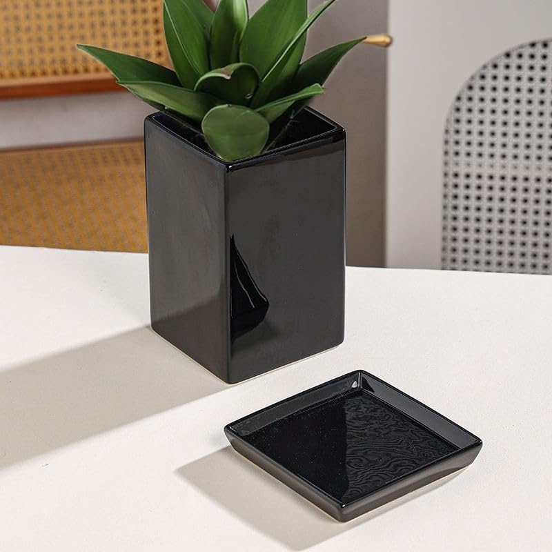 Square Plant Saucer 12 Inch 1 Pack,Plant Trays for Pots, Black Ceramic Plant Saucers for Indoors Outdoors, Plant Drip Tray 4 6 8 10 12 14 Inch