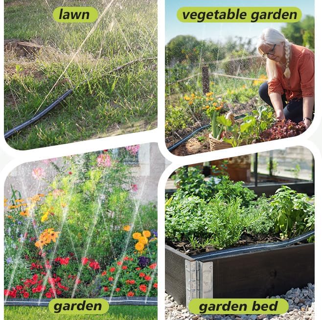 Sprinkler Flat Soaker Hose 50 ft (25 ft 2-pack) with Garden Staples and Splitters, PVC Drip Line Irrigation Hose for Lawn, Garden Beds