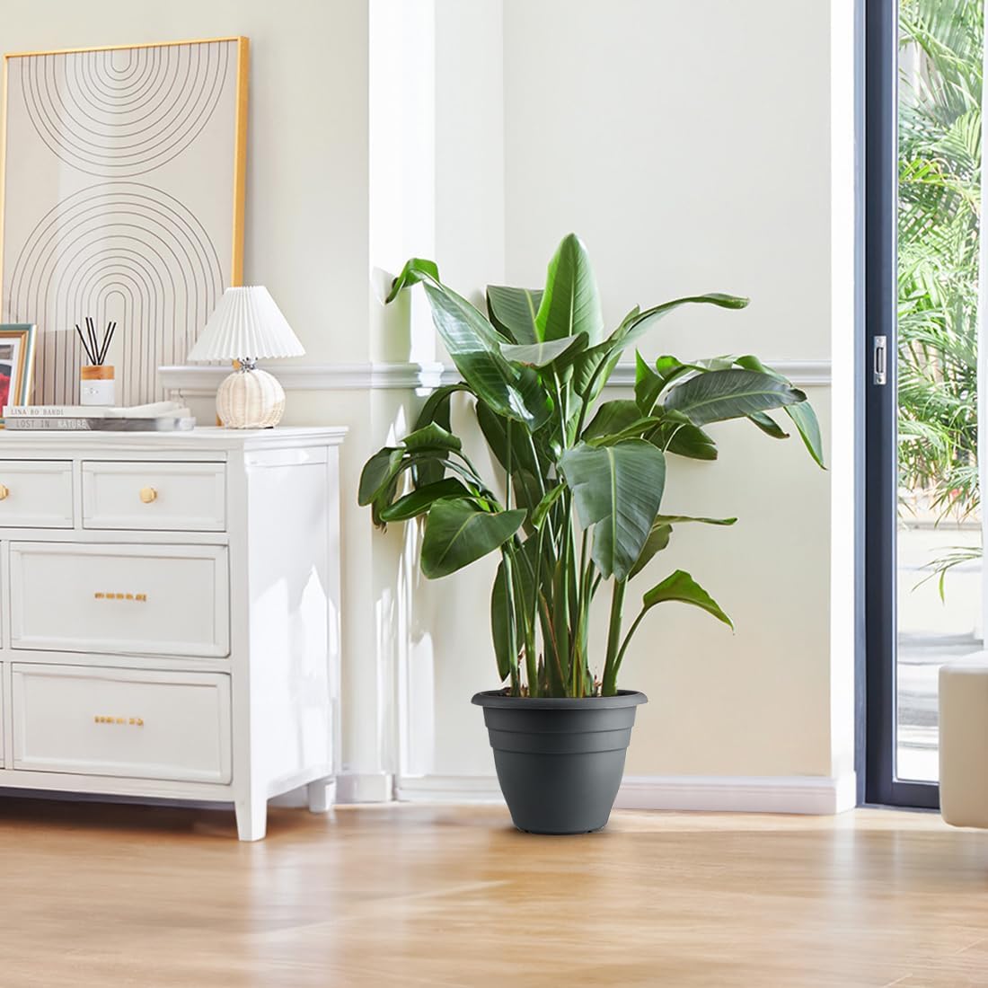 12 Inch Plant Pots, Large Planters for Outdoor Plants, Plastic Flower Pots - Durable and Lightweight with Drainage Holes (3 Packs, Gray)