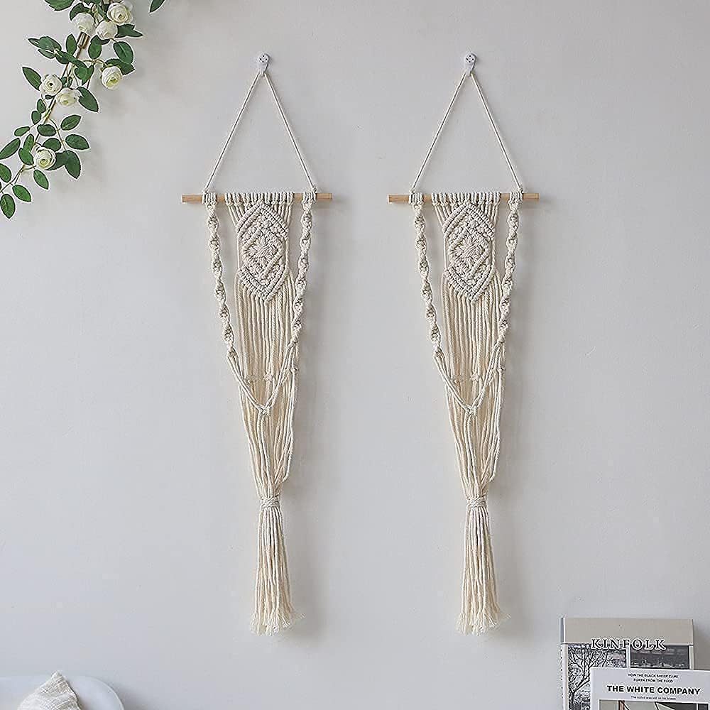 Boho Macrame Plant Hangers - Handmade Hemp Rope Hanging Baskets for Plants with Ceiling Hooks, Bohemian Home Decor Wall Art