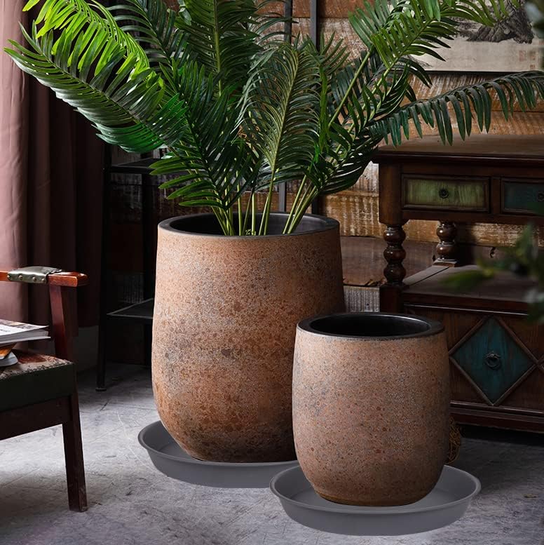 2 Pack of 14 inch Plant Saucer, Heavy Duty Round Plastic Plant Water Tray, Bird Bath Bowls, Plant Saucers for Indoors, Pot Drip Trays for Planter 12-14" (14", Cement)