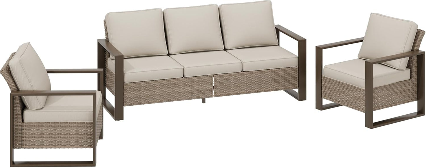 Wicker Patio 75" Sofa Set with Two Armchairs, All Weather Rattan Outdoor Conversation Furniture Set with Wood-Looking Metal Armrest & Removable Cushions for Deck Backyard Porch, Beige