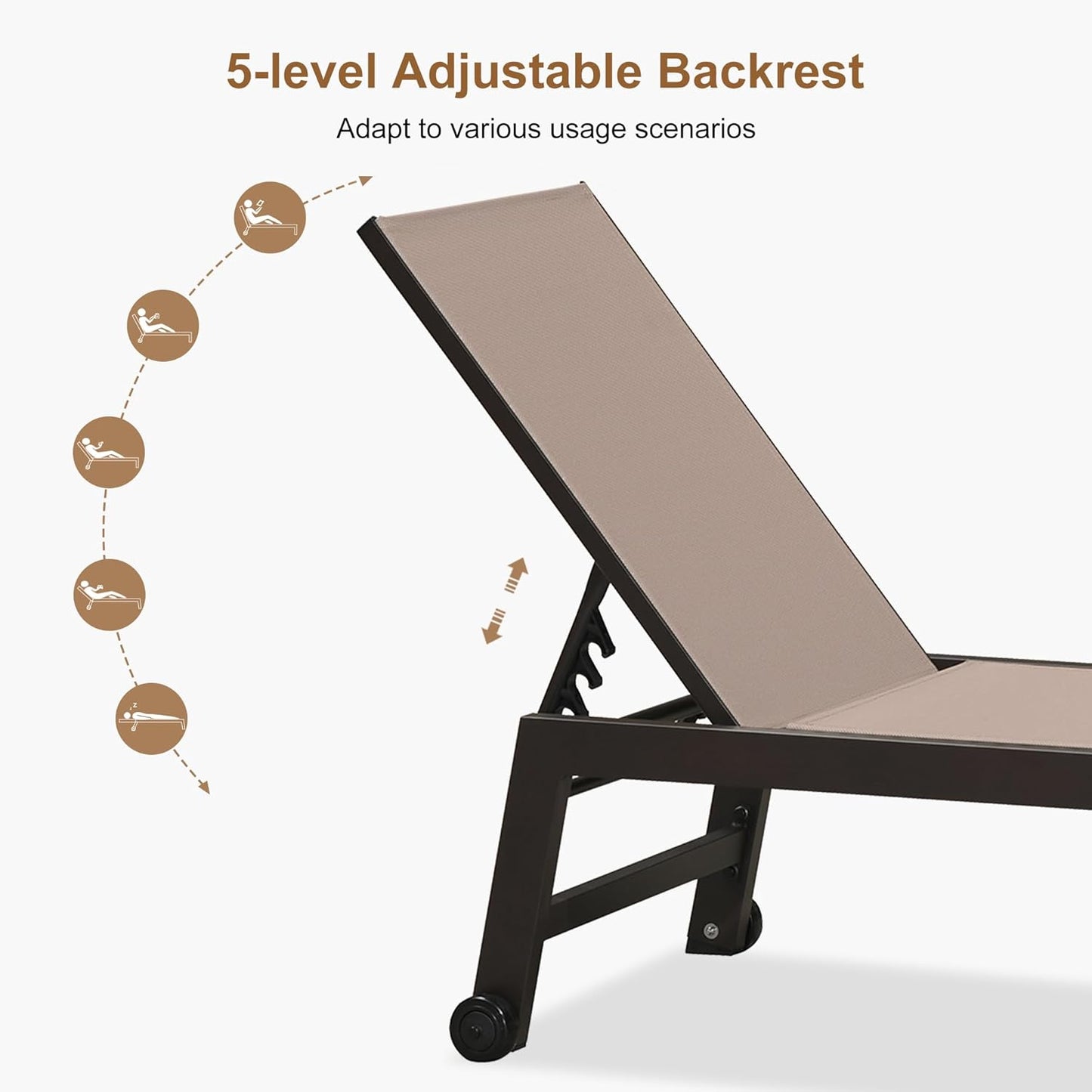 PURPLE LEAF Outdoor Chaise Lounge Chair Set of 3, Patio Lounge Chair for Outdoor, Aluminum Patio Chaise Lounger with Adjustable Backrest and Wheels for Outside, Lawn, Garden, Taupe