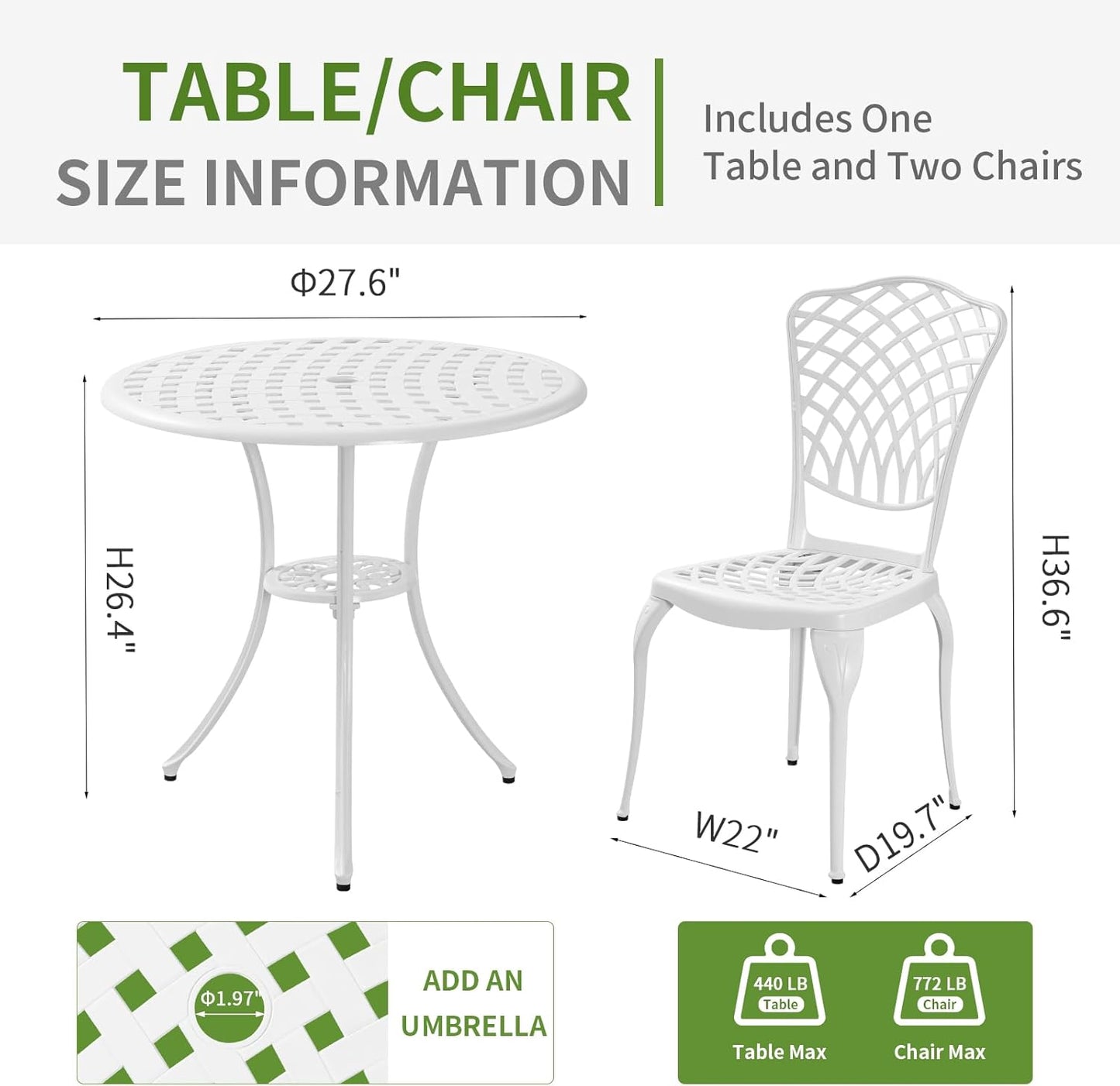 Cast Aluminum Bistro Set 3 Piece Outdoor, Patio Bistro Set White, Patio Conversation Table with 2 Piece Chairs, Bistro Table and Chairs Set of 2 for Garden Porch Porch,1.97" Umbrella Hole,