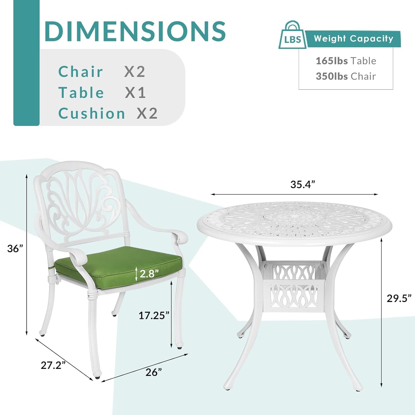 MEETWARM 3 Piece Patio Bistro Set, Outdoor All-Weather Cast Aluminum Dining Furniture Set Includes 2 Cushioned Chairs and a 35.4” Round Table with Umbrella Hole for Garden Deck, White