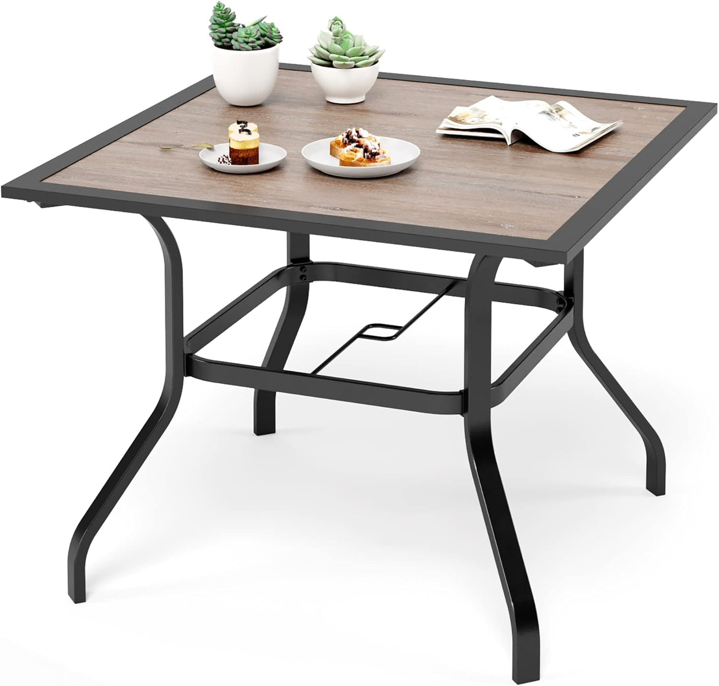 Outdoor Patio Square Dining Table, 37"x 37" Wood-Like Tabletop with Adjustable Umbrella Hole for Deck Lawn Garden Backyard