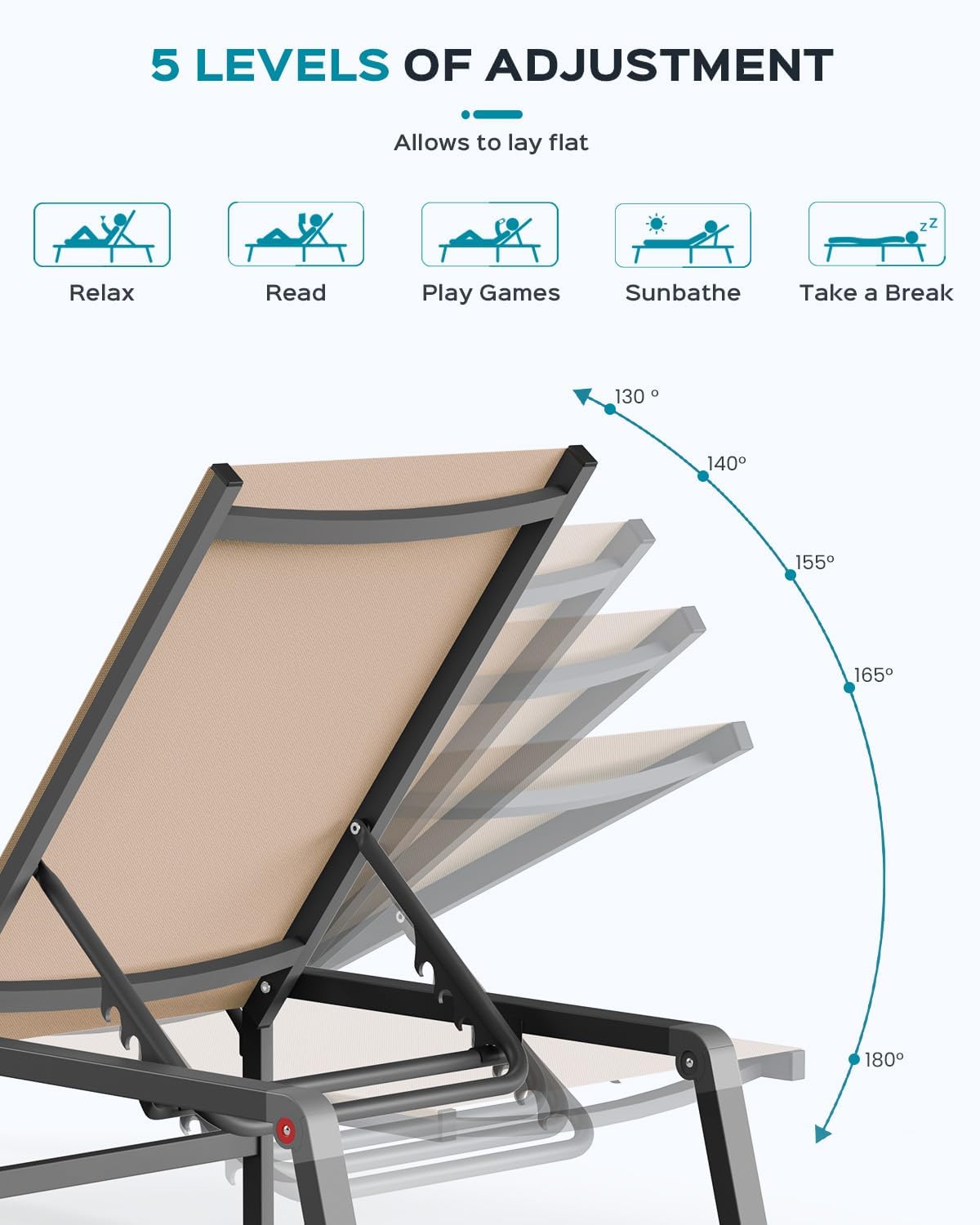 Patio Chaise Lounge Chair, Foldable Lounge Chair for Outside, Aluminum Chairs Set of 2 with 5 Adjustable Backrest, Outdoor Pool Lounger for Poolside, Lawn, Deck, Khaki
