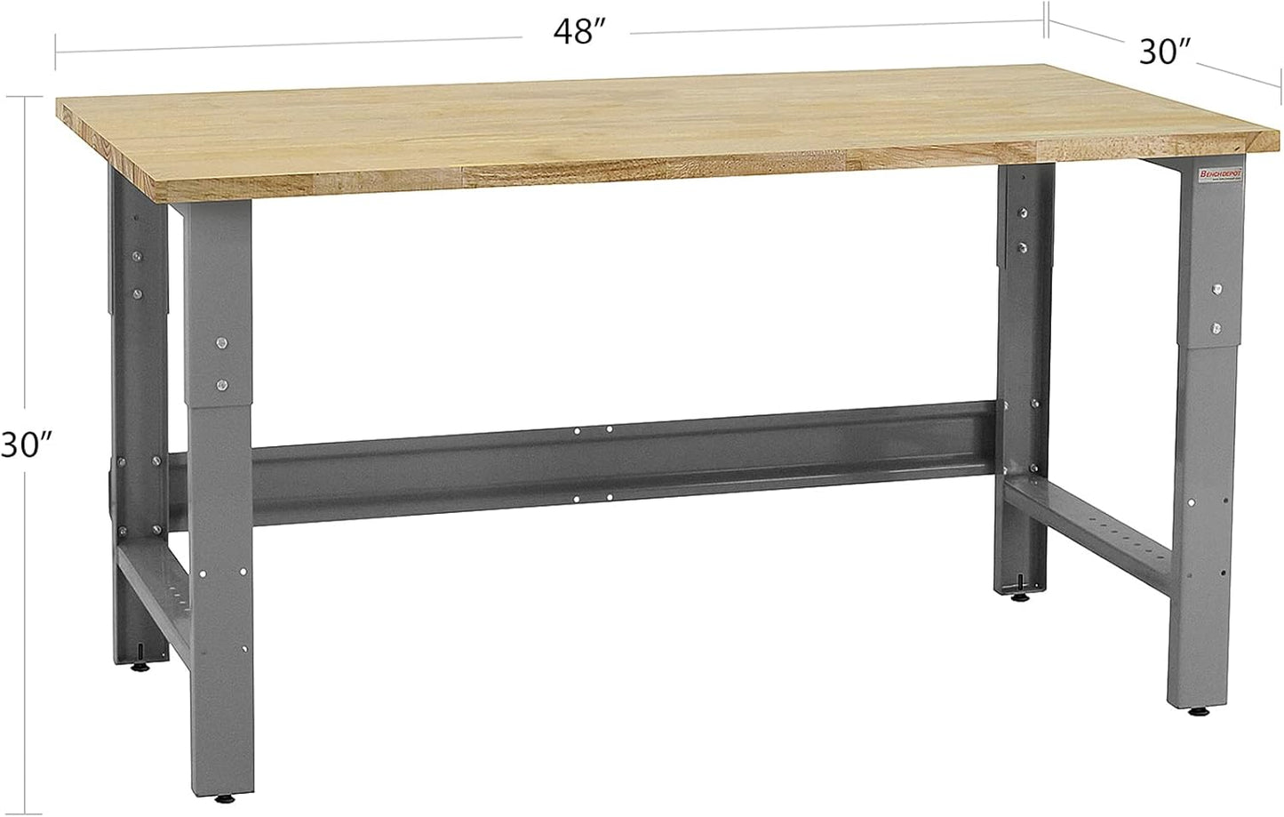 Table & Workbench: 1" Thick Solid Oiled Wood Butcher Block Top, Height Adjustable - 30" D x 48" L x 30" - 36" H - by BenchPro