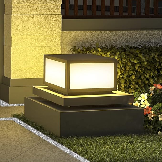 Pillar Lamp Post Light, Tempered Glass Shade,Fence Deck Cap Light Lantern Column Lamp for Flat Surface Patio Garden Decoration with IP55 Waterproof E26 LED Bulb (Electric Powered)