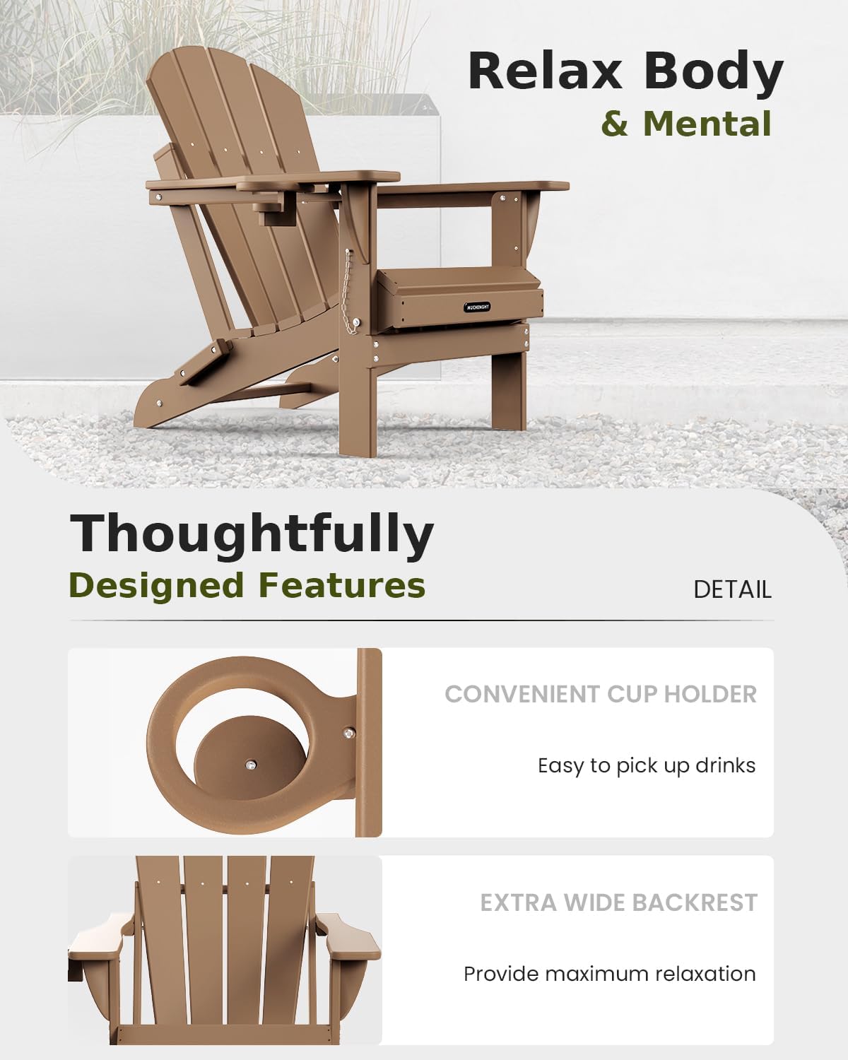 MUCHENGHY Folding Adirondack Chairs 6 Pack, Patio Chairs, Lawn Chairs, Outdoor Chairs, Adirondack Chair Plastic, Fire Pit Chairs, Weather Resistant with Cup Holder for Deck, Backyard, Garden(Teak)