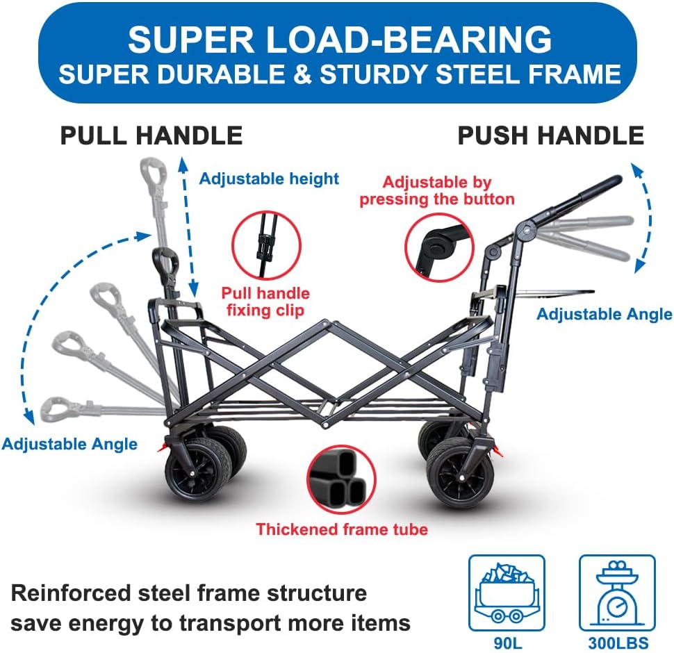 SKYMANOR Collapsible Wagon with Removable Canopy, 3-in-1 Heavy Duty Garden Cart with Big All-Terrain Wheels, Brakes, Adjustable Push Pull Handle, Cooler Bag, 300LBS Wagon Cart for Camping (Grey)