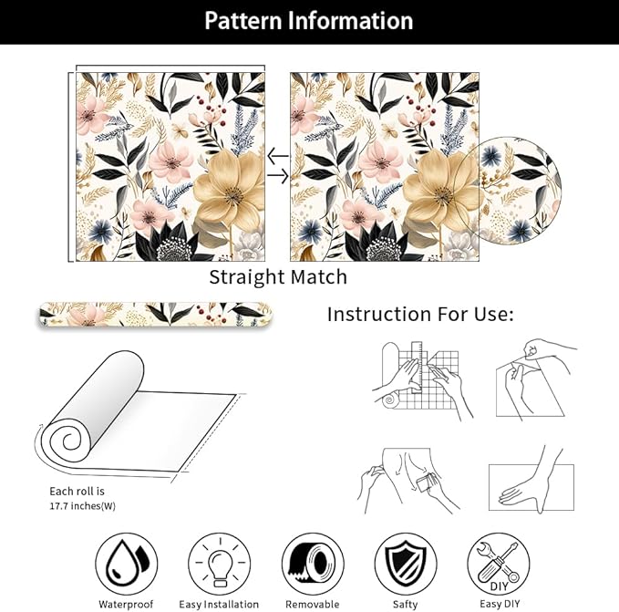 White/Pink/Gold Floral Garden Black Blue Flowers Vintage Peel and Stick Wallpaper Self Adhesive Removable Easy Peel Off Contact Paper Stick on Wall Paper for Bedroom Cabinet Renter Friendly