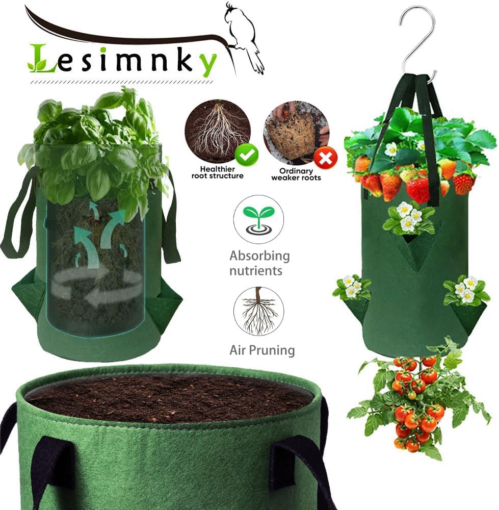 4Pack Upside Down Strawberry Planter, 3 Gallon Hanging Grow Bags for Tomato Vegetables 6 Planting Holes with 4 Hooks,Upside Down Strawberry Plant Hanger Vegetable Planting Bags for House (Dark Green)