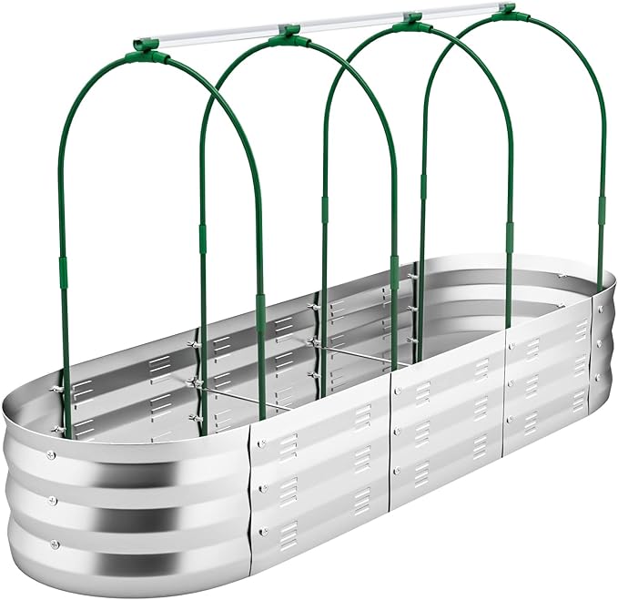 POTEY Raised Garden Bed with Greenhouse Galvanized Planter Box with 2 Greenhouse Cover for Outdoor Gardening Garden Box for Fruit, Vegetable, Flower, Herbs and Strawberry Plant