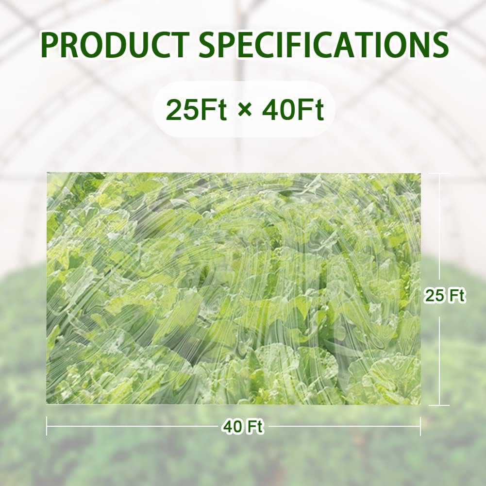 6 mil Greenhouse Plastic Film Sheeting Cover 25 x 40 Ft UV Resistant Clear Polyethylene Film Green House Hoop Farm Plastic Cover for Gardening, Farming, Agriculture