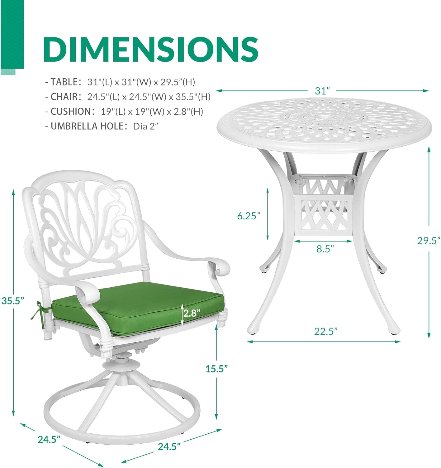 VIVIJASON 3-Piece Patio Furniture Dining Set, Outdoor All-Weather Cast Aluminum Bistro Set, Include 2 Swivel Chairs and 31" Round Table w/Umbrella Hole for Balcony, Lawn, Garden, Backyard, White