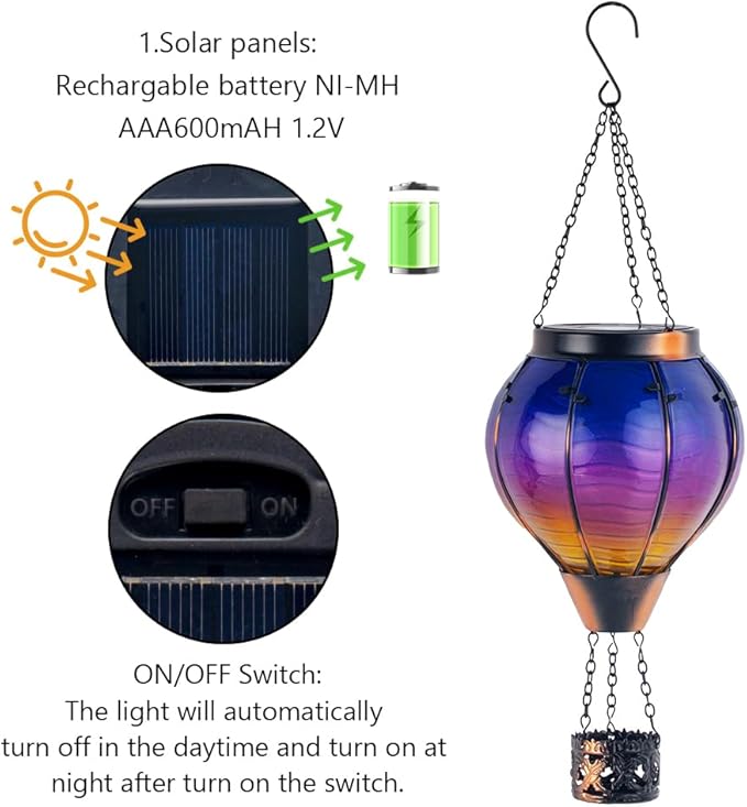 Starsoul 2 PC Starsoul 2 PC Glass Solar Hot Air Balloon Flickering Flame Hanging Garden Light Purple Waterproof Hot Air Balloon Solar Lantern with Large Basket