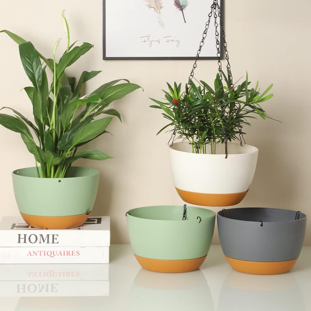 2 Pack Plastic Hanging Planters Set ,8.3 Inch Hanging Flower Plant Pot with Drainage Hole for Indoor Outdoor Plants, Round Hanging Basket with Removable Tray for Home Garden Porch Balcony Patio Decor
