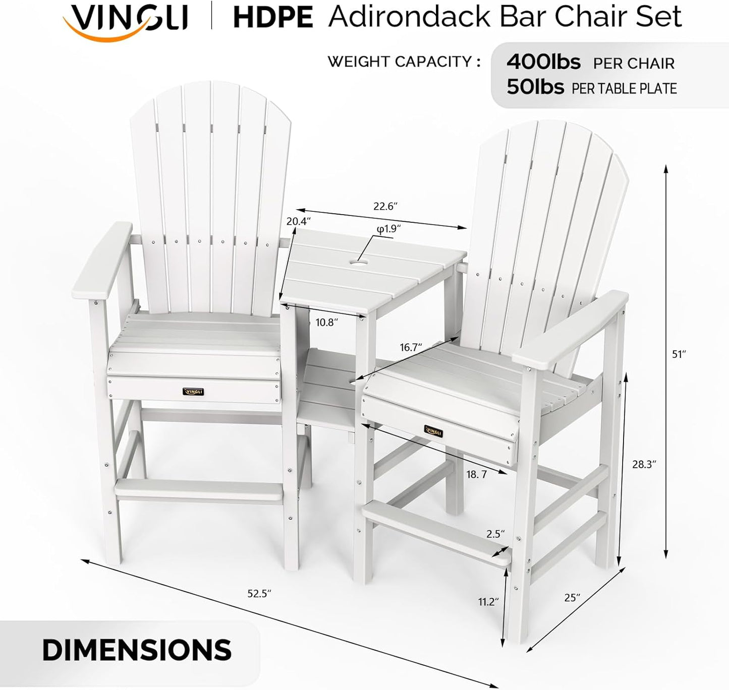 VINGLI Tall Adirondack Chairs Set of 2, HDPE Balcony Chair with Double Connecting Tray Weather Resistant Outdoor Bar Stools for Patio Deck Lawn Pool Backyard (White)
