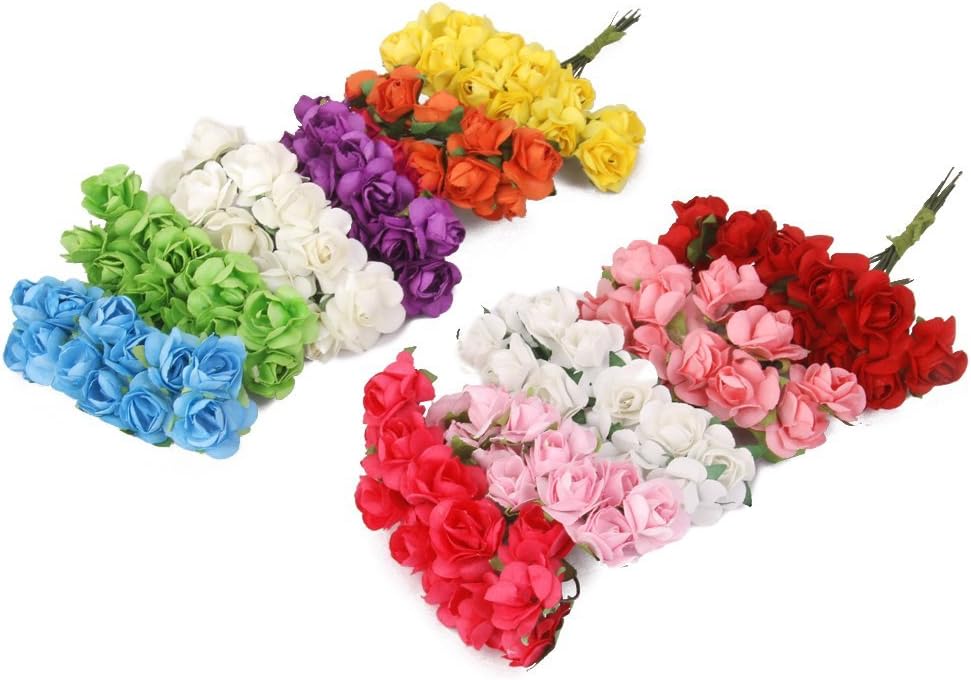 Mini Fake Rose Flower Heads 144pcs Mini Artificial Mulberry Paper Roses Flower with Wire Stem DIY Wedding Flowers Accessories Make Bridal Hair Clips Headbands Dress (Champagne)