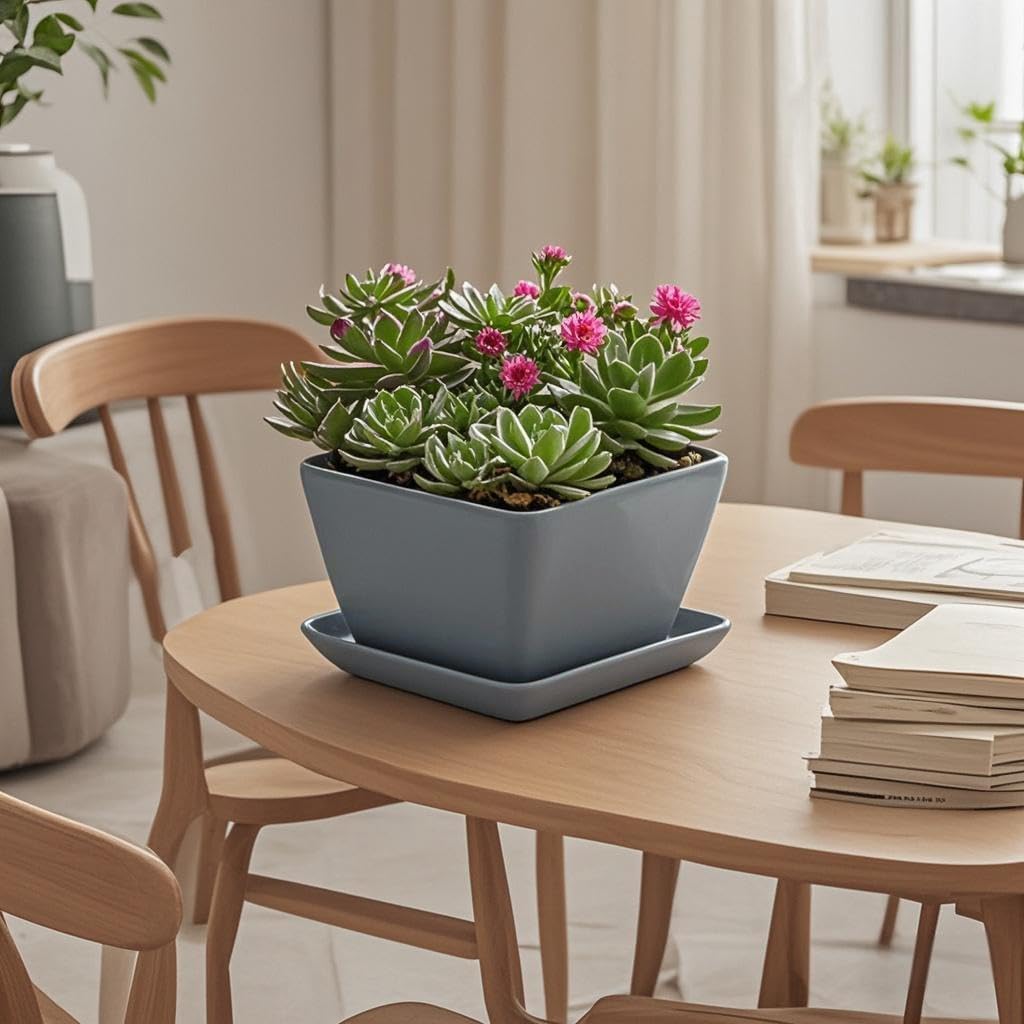 Square Plant Saucer 4 Inch 2 Pack,Plant Trays for Pots, Gray Ceramic Plant Saucers for Indoors Outdoors, Plant Drip Tray 4 6 8 10 12 14 Inch