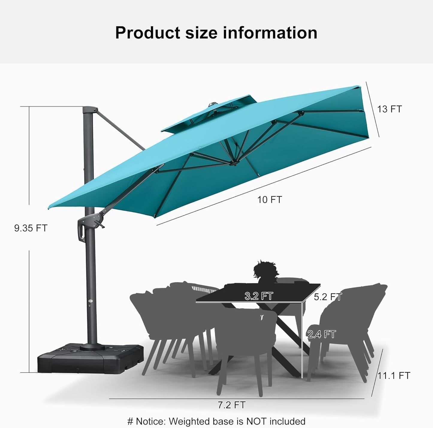 PURPLE LEAF 10' X 13' Outdoor Cantilever Umbrella Large Patio Hanging Double Top Rectangle Tilting Offset Umbrella with 360-degree Rotation for Outdoor Patio Pool Deck Turquoise Blue