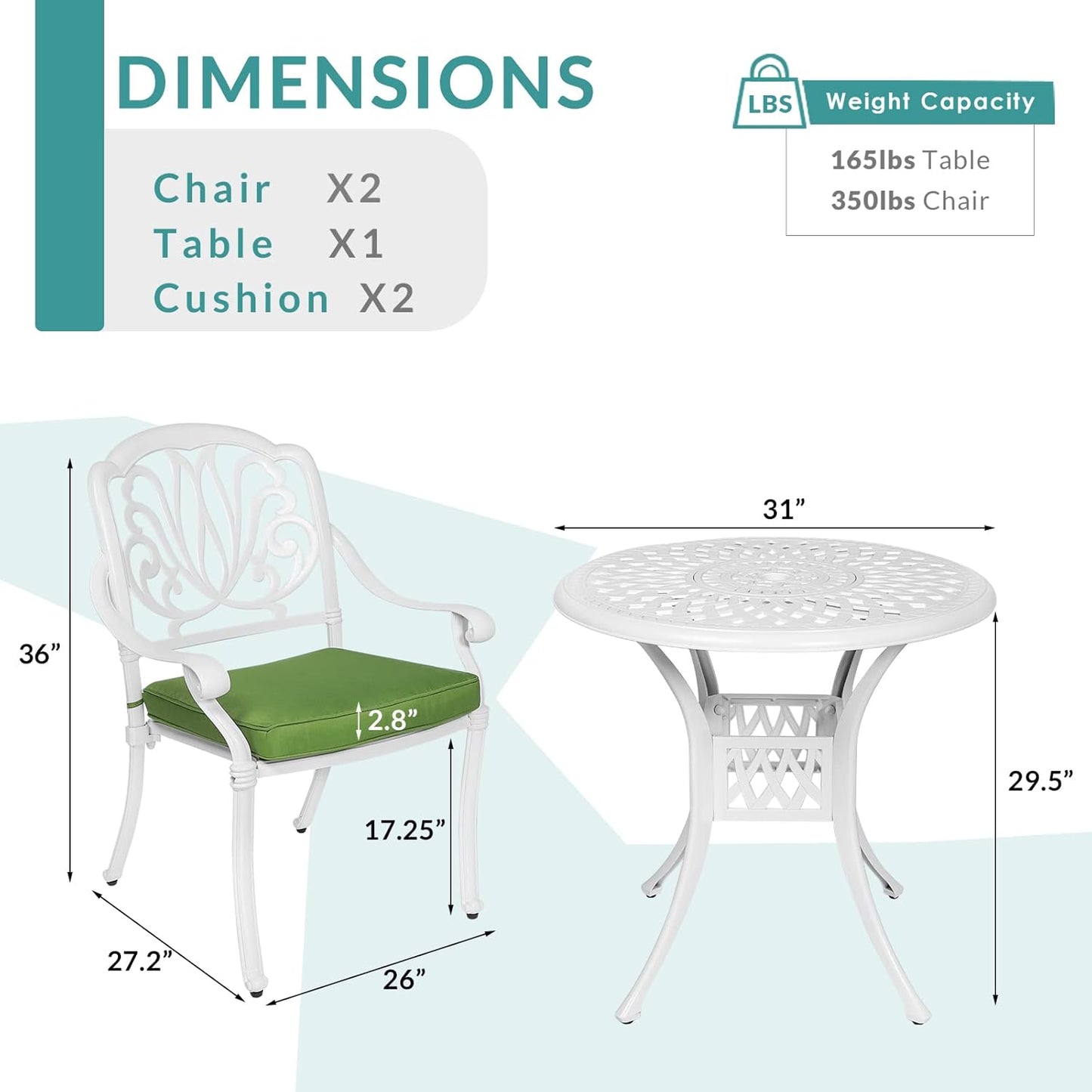 MEETWARM 3 Piece Patio Bistro Set, Outdoor All-Weather Cast Aluminum Dining Furniture Set Includes 2 Chairs and a 31” Round Table with Umbrella Hole for Garden Deck, White