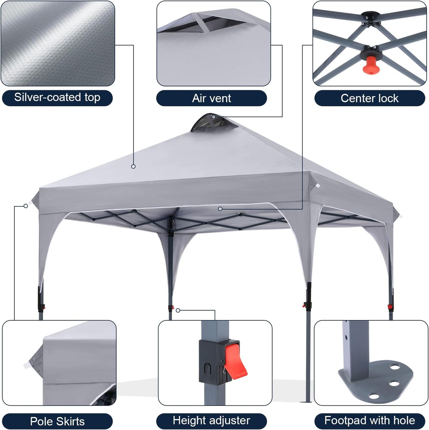 COOSHADE Pop Up Canopy Tent, 10x10 Easy Setup Instant Canopy Sun Shelter Beach Tent, Portable Sports, Grey