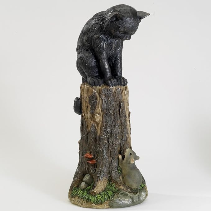 Bits and Pieces - Cat & Mouse Garden Statue- Outdoor Kitten on a Stump Sculpture - 17" Polyresin Home Décor Weather Resistant Lawn Ornament