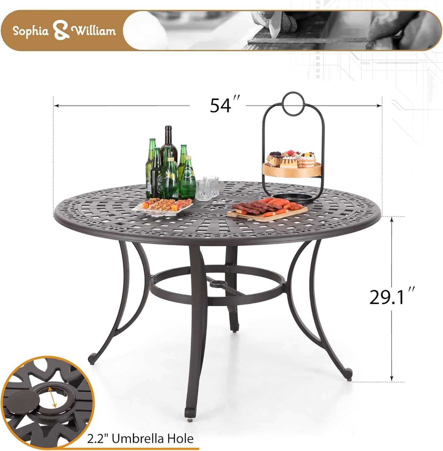 Sophia & William Outdoor Dining Table 6-Person Round Cast Aluminium, Patio Bistro Table with 2.2" Umbrella Hole for Porch Backyard, Bronze
