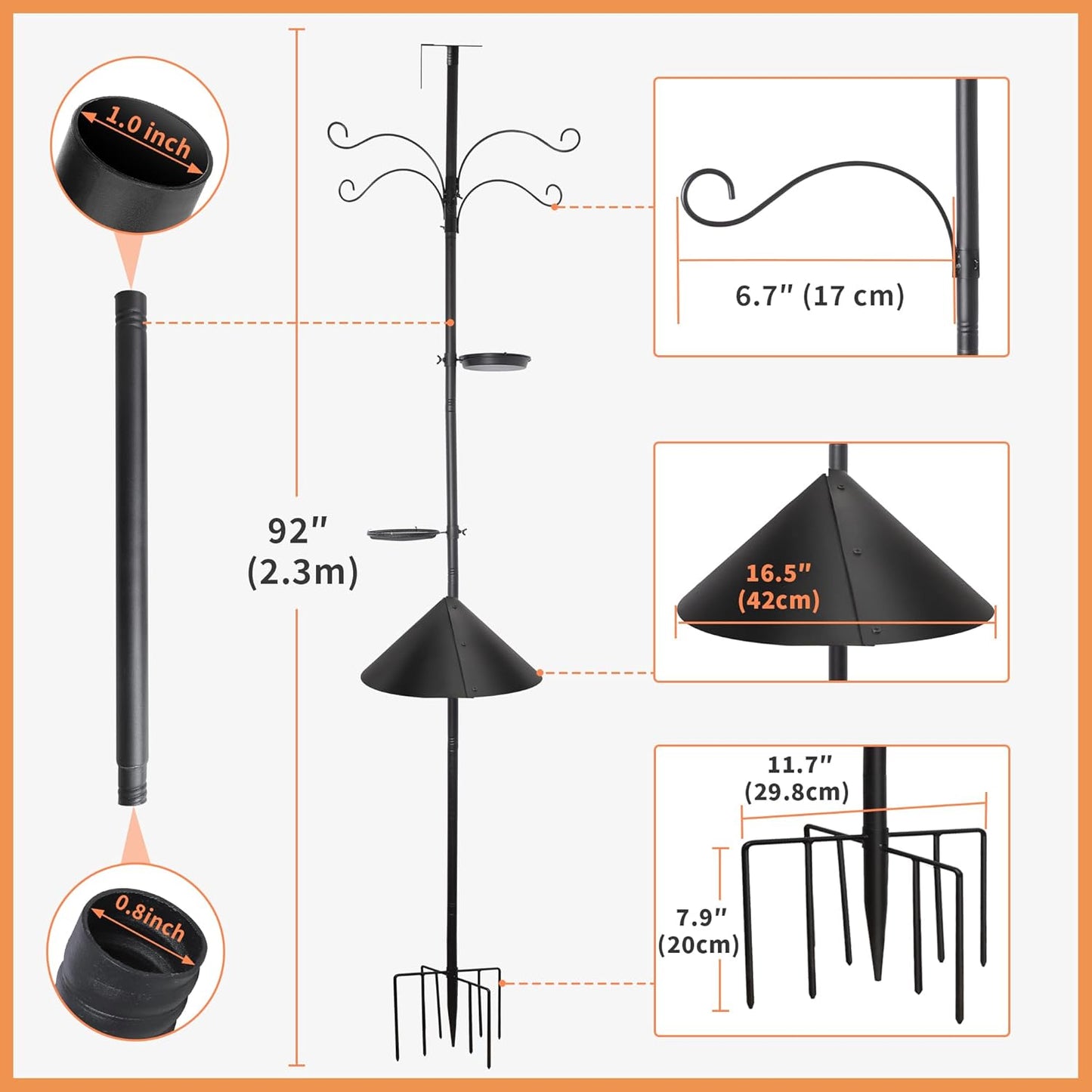eWonLife 92 Inch Bird Feeder Pole with Squirrel Baffle & Upgraded 9-Prong Base, Adjustable Bird House Pole for Outdoors Heavy Duty, Bird Feeder Stand Post Station with 4 Shepherd Hooks, Birdbath, Tray