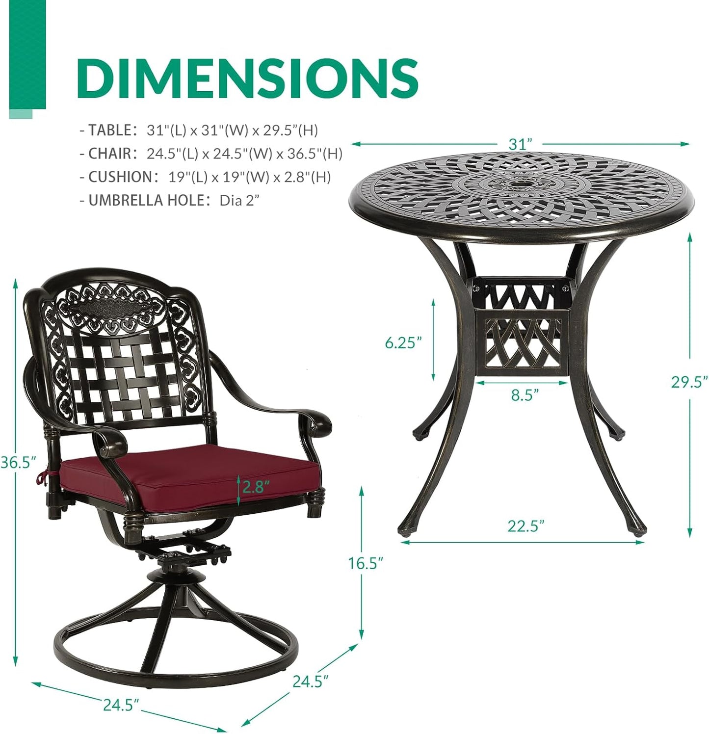 VIVIJASON 3-Piece Patio Bistro Set, Outdoor All-Weather Cast Aluminum Furniture Dining Set, Include 2 Swivel Chairs and 31" Round Table w/Umbrella Hole for Balcony, Lawn, Garden (Red Cushion)