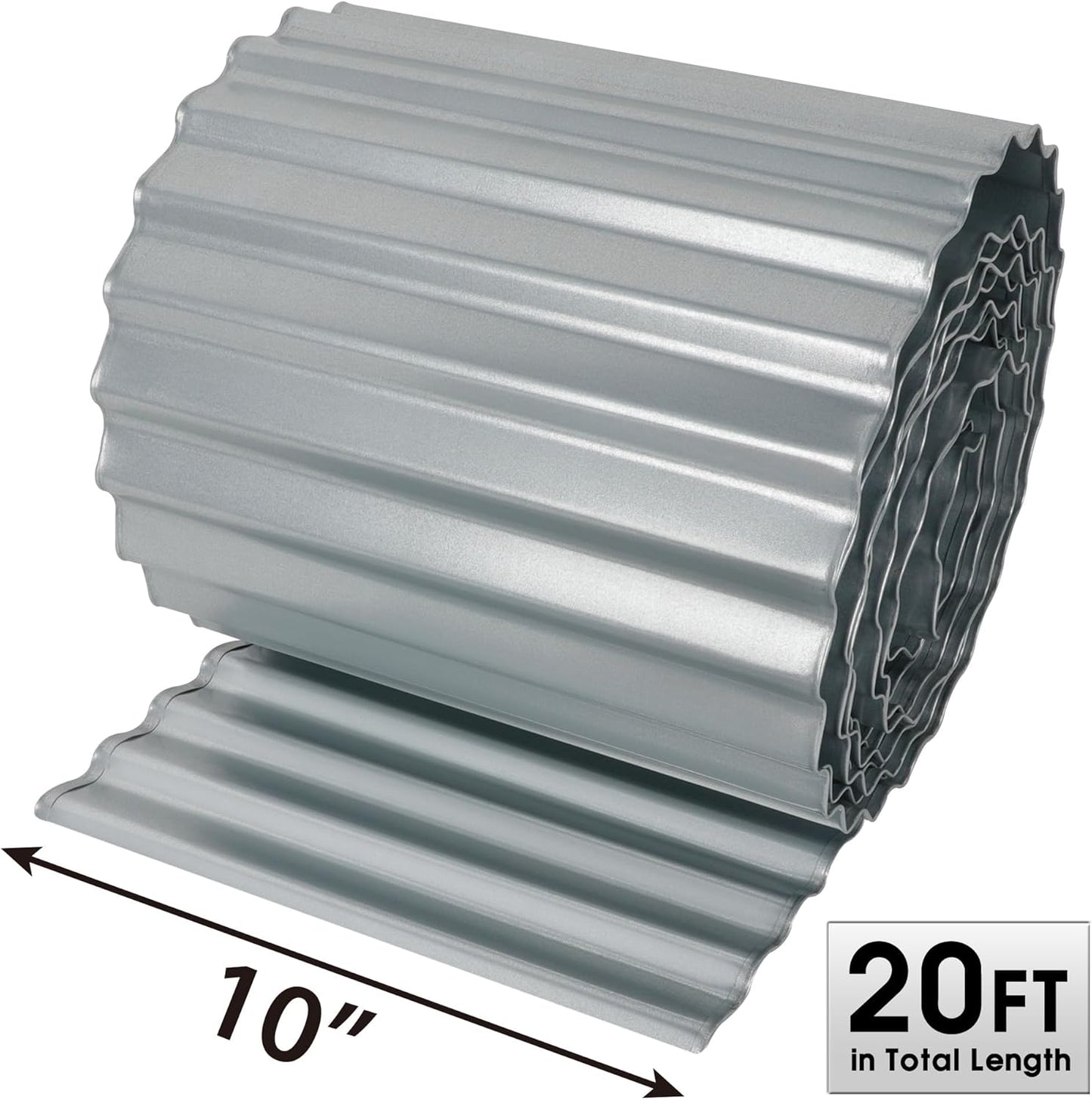 Worth Wide-Corrugated Galvanized Steel Landscape Edging, 10" x 20Ft Flexible Sturdy Metal Lawn Garden Edging Long Strips for Raised Flower Bed Tree Surrounds, Silver