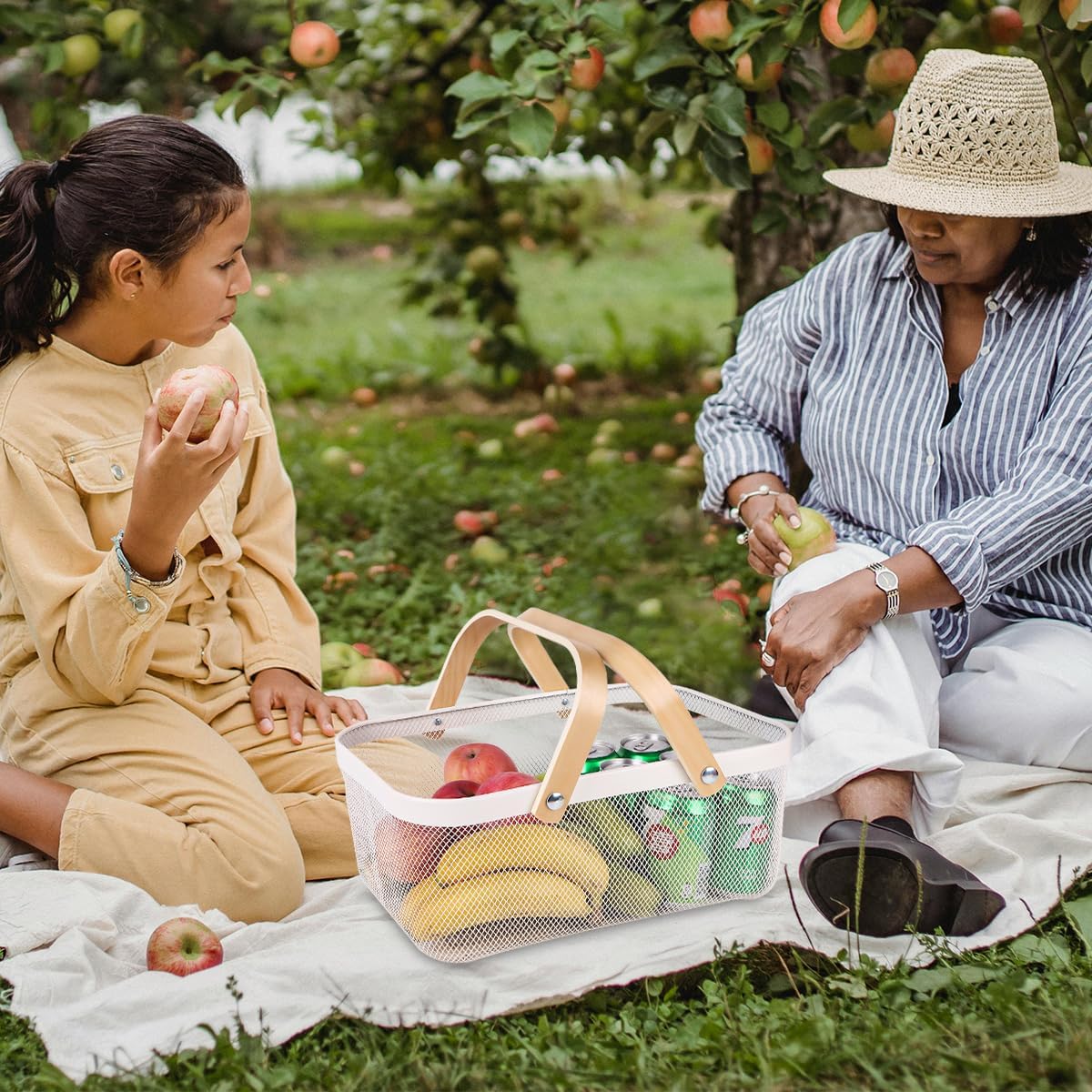 Wire Mesh Storage Organizer Basket Portable Garden Harvest Basket Fruit Basket Bin with Wood Handle Ideal for Kitchen Picnic Pantry Cabinets Storage Home Decor (Cold Gray)