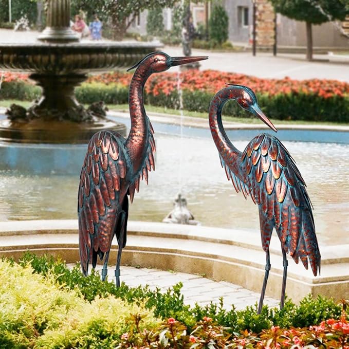 Kircust Metal Crane Statues - Set of 2 Bronze Heron Sculptures for Garden, Patio, or Yard Decor - 27.56" Tall Weatherproof Outdoor Art