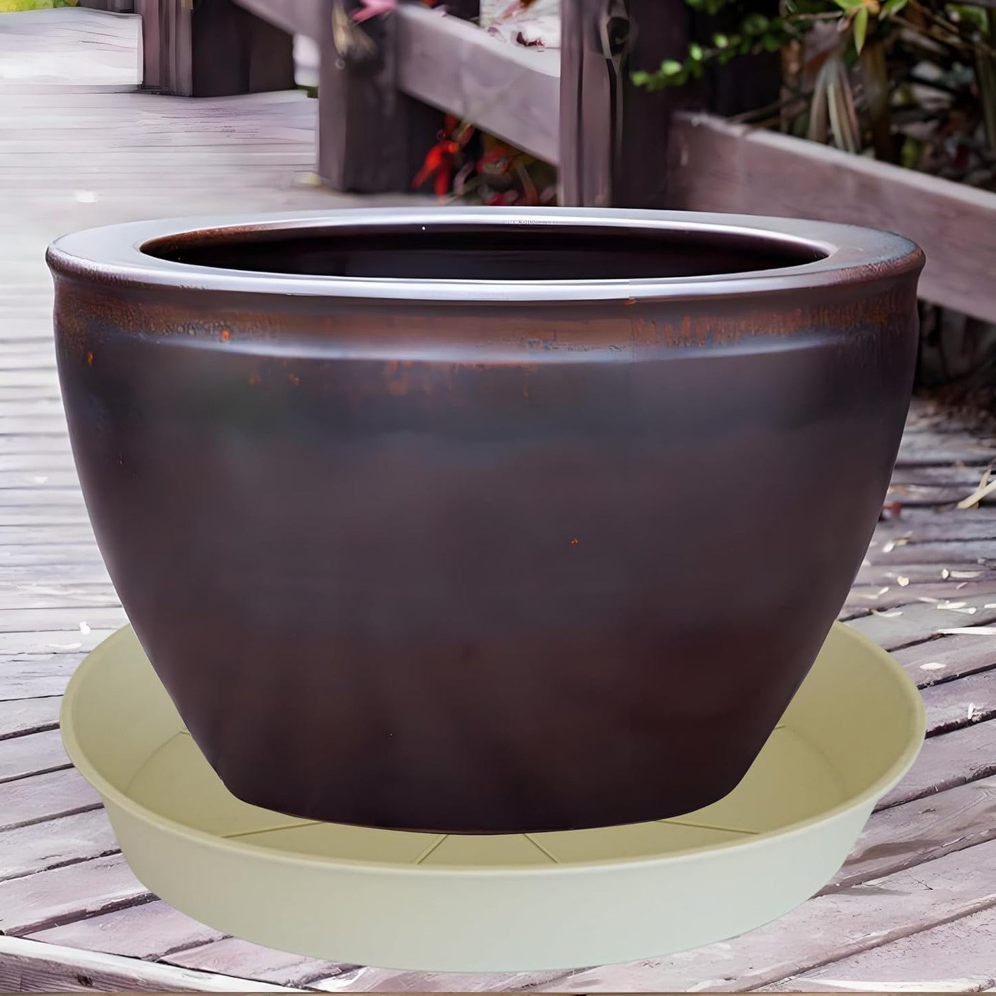 4 Pack of 18 19 inch Plant Saucer Drip Tray (16.6 inch Base), Heavy Duty Deep Plant Saucers for Pots, Plastic Flower Planter Water Trays for Indoors Outdoor (19", Beige)