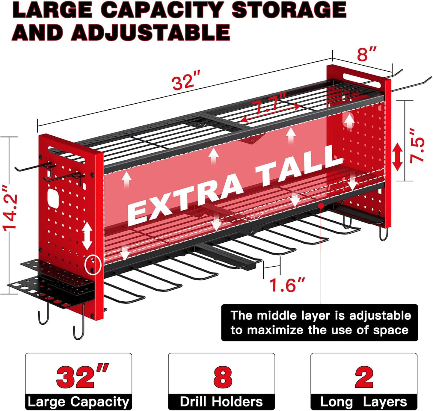 Power Tool Organizer Wall Mount,Cordless Drill Hanger Storage Rack 8 Drill Holder,3 Layers Heavy Duty Power Tool Storage Rackr(Red)