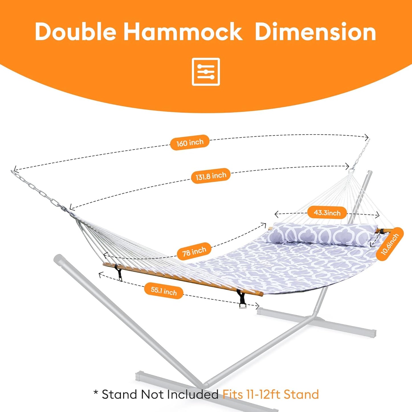 Double Hammock with Spreader Bar,Soft Pillow,Max Load 500lbs,Portable Hammock for Outdoor,Camping,and Backyard,White Gray