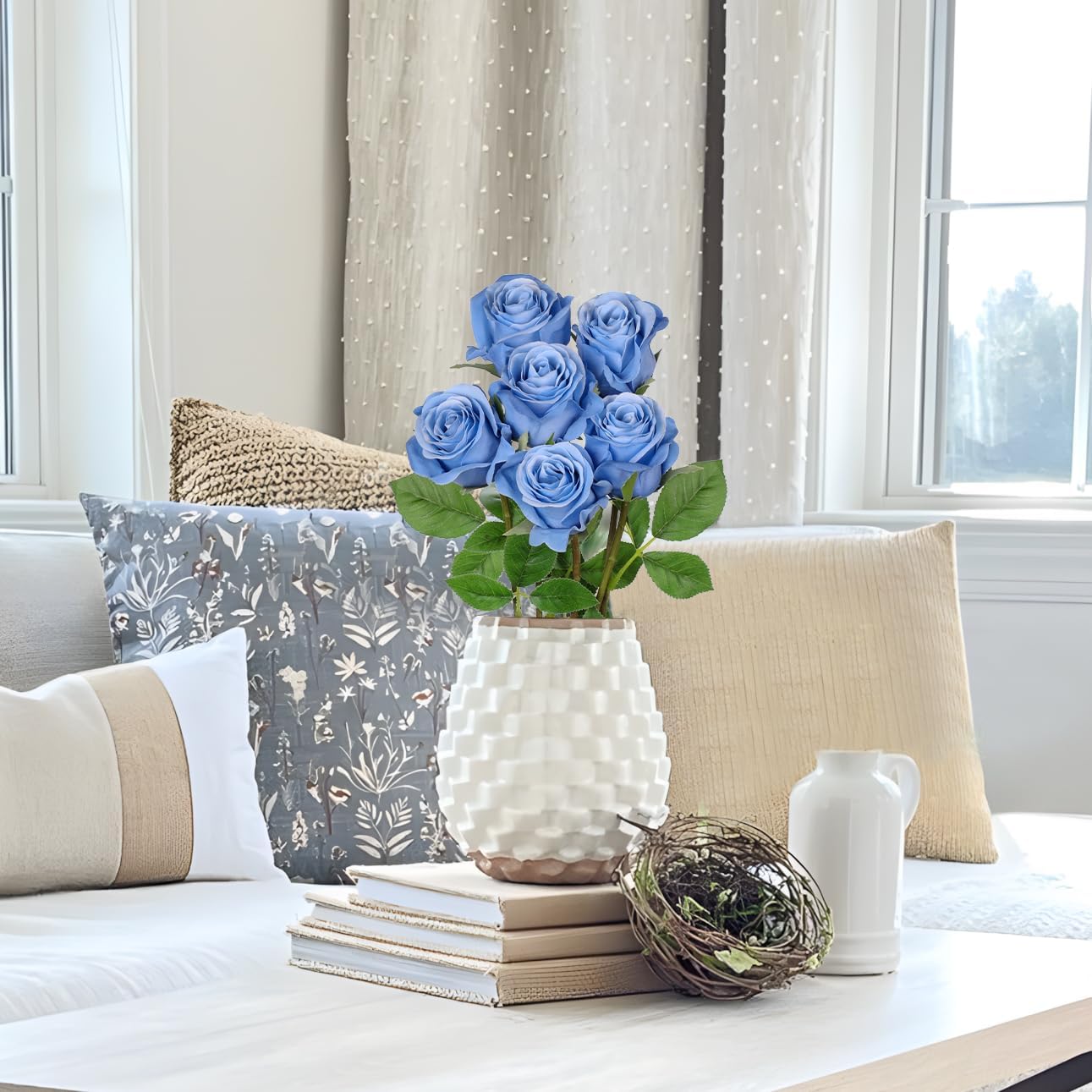 Briful Blue Roses Artificial Flowers– 6PCS 18.9" Faux Rose Silk Flowers with Long Stems Realistic Fake Rose Bouquet for DIY Wedding Arrangements Table Vase Centerpieces Home Event Decor