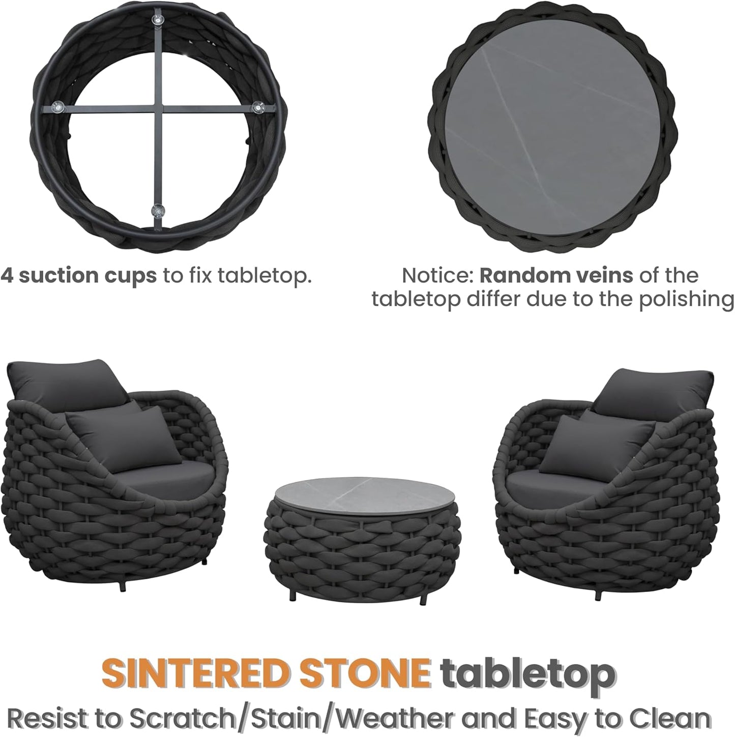 Deck Furniture Set: 3 Pieces Aluminum Woven Rope Patio Conversation Sofa Set for 2, Comfy Cushions Couch Armchair Table Set Assembled, 400lbs for Porch Balcony Pool Bistro Yard Hotel - Dark Gray