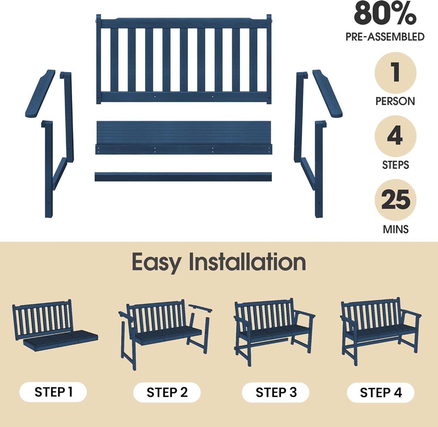 Ciokea 44" Outdoor Bench Set of 2, HDPE Weatherproof Garden Bench, 2-Person Memorial Benches with 550 Lbs, Waterproof Patio Porch Benches for Outside Business Deck Office Backyard Balcony, Navy Blue