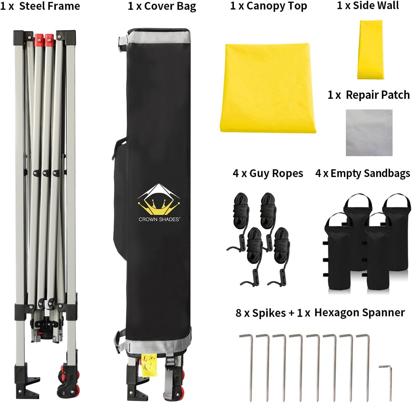 CROWN SHADES 8x8 Pop Up Canopy with 1 Side Wall - Beach Tent with One Push Setup - Outdoor Sun Shade for Events, Parties, Camping - Gazebo with STO-N-Go Cover Bag (Yellow)