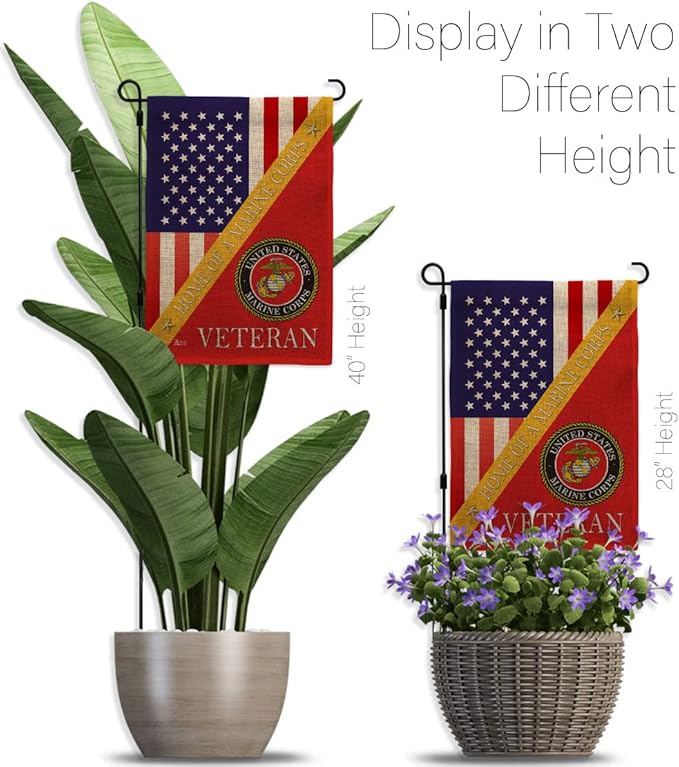 Home of Marine Corps Burlap Garden Flag - Set with Stand Armed Forces USMC Semper Fi United State American Military Veteran Retire Official House Banner Cemetery Yard Rememberance Veterans Day Gifts