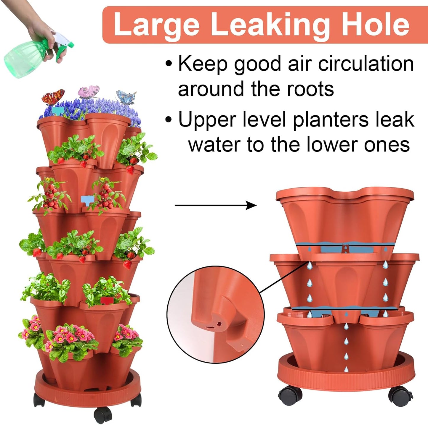 Vertical Planter, 6 Tier Stackable Strawberry Planter with Garden Tool Set, Movable Indoor/Outdoor Garden Herb Pot for Growing Vegetables and Succulents, Red