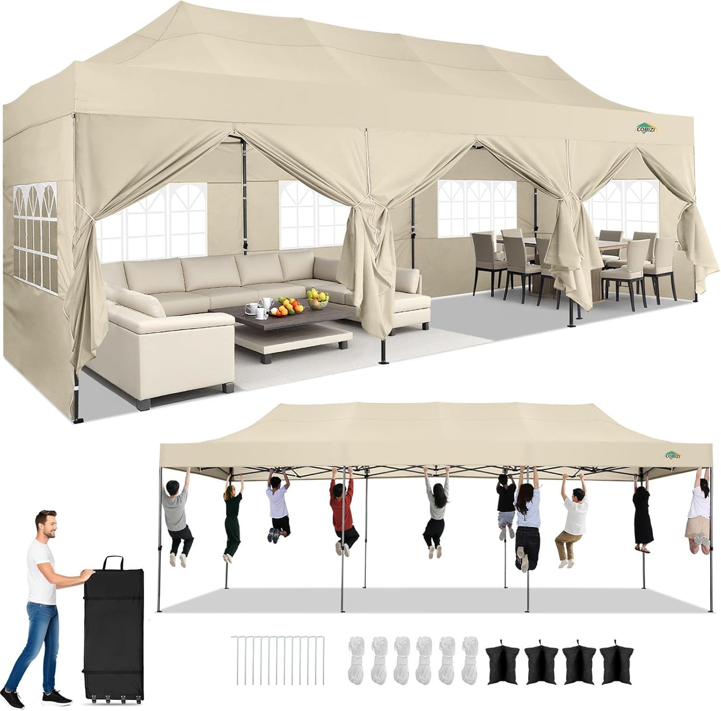 COBIZI 10x30 Pop up Canopy Heavy Duty with 8 Sidewalls, Easy Set-up Commercial Outdoor Party, 100% Waterproof Wedding Canopy Gazebo, 3 Height Adjustable with Wheeled Bag, Khaki