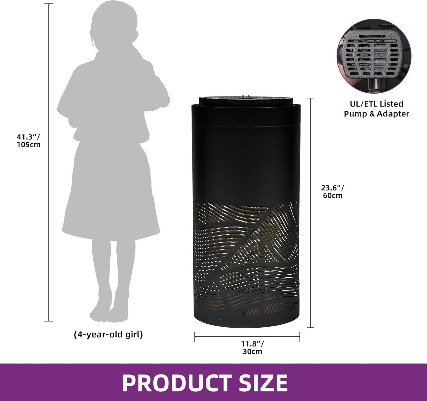 23.6" H Modern Metal Cutout Geometric Patterns Outdoor Water Fountain with LED Lights, Black Bird Bath Garden Fountain, Soothing Water Flow Creates Tranquil Ambiance for Patio, Deck, Porch Décor