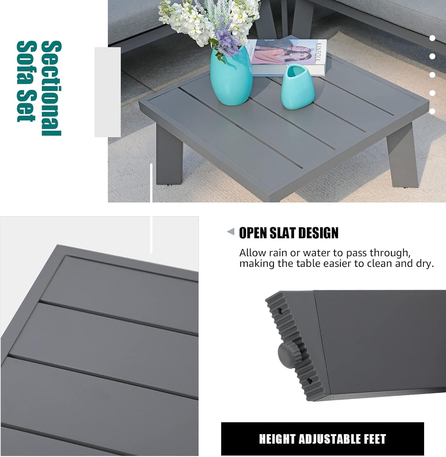 Soleil Jardin 4-Piece Outdoor Patio Furniture Set L-Shaped Aluminum Sectional Sofa with Coffee Table All-Weather Patio Conversation Set with Cushions, Dark-Grey