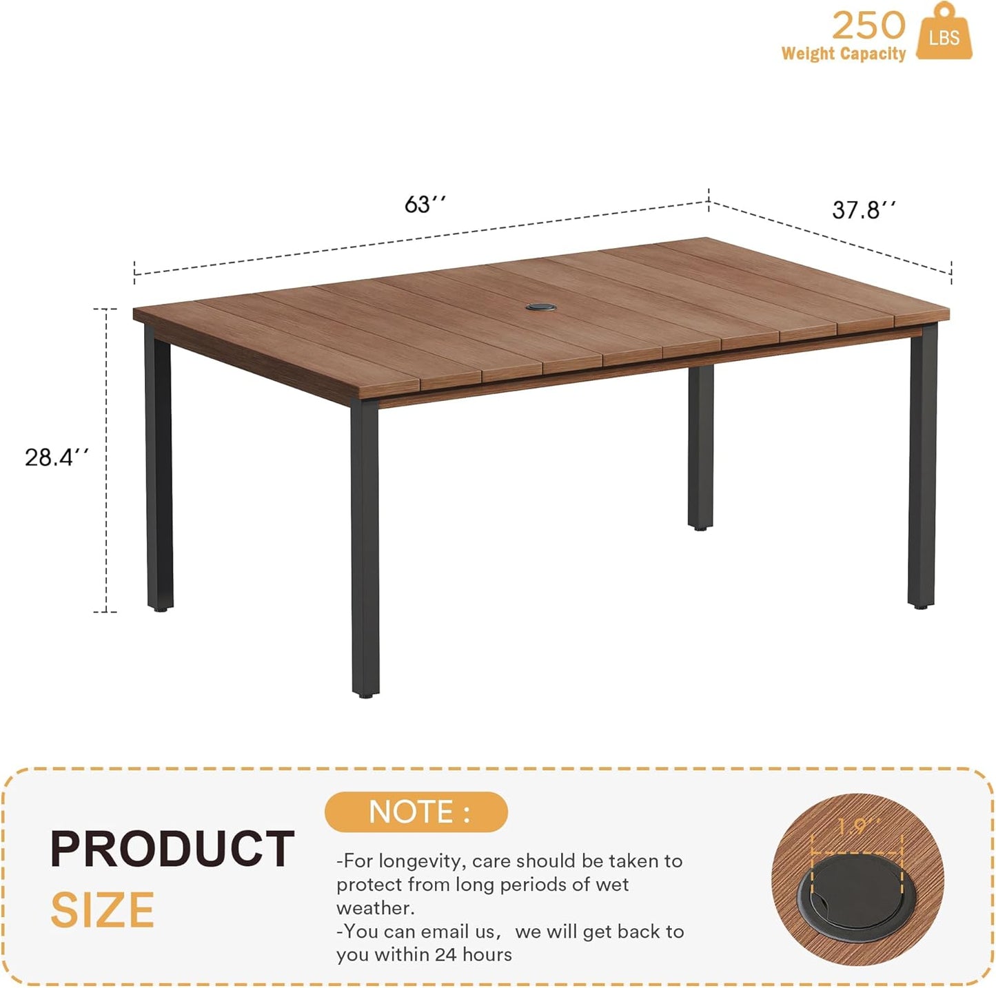 VICLLAX 63" Rectangle Patio Table with Umbrella Hole, All Weather Metal Outdoor Dining Table for 6, Walnut Wood-Like Tabletop