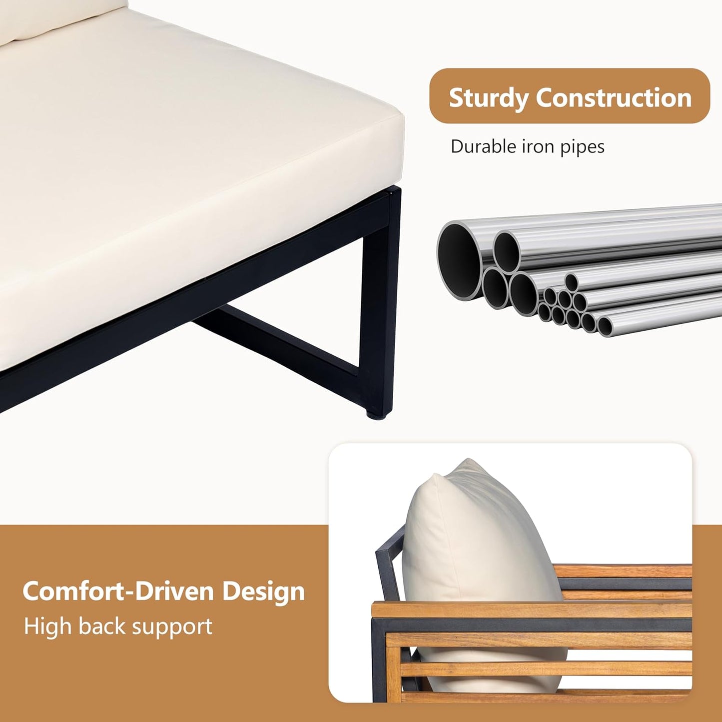 Patio Furniture Set, Outdoor 3-Piece Acacia Wood and Metal Patio Sofa Set, L-Shape Conversation Sofa with Coffee Table and Ottoman for Garden, Poolside, Backyard