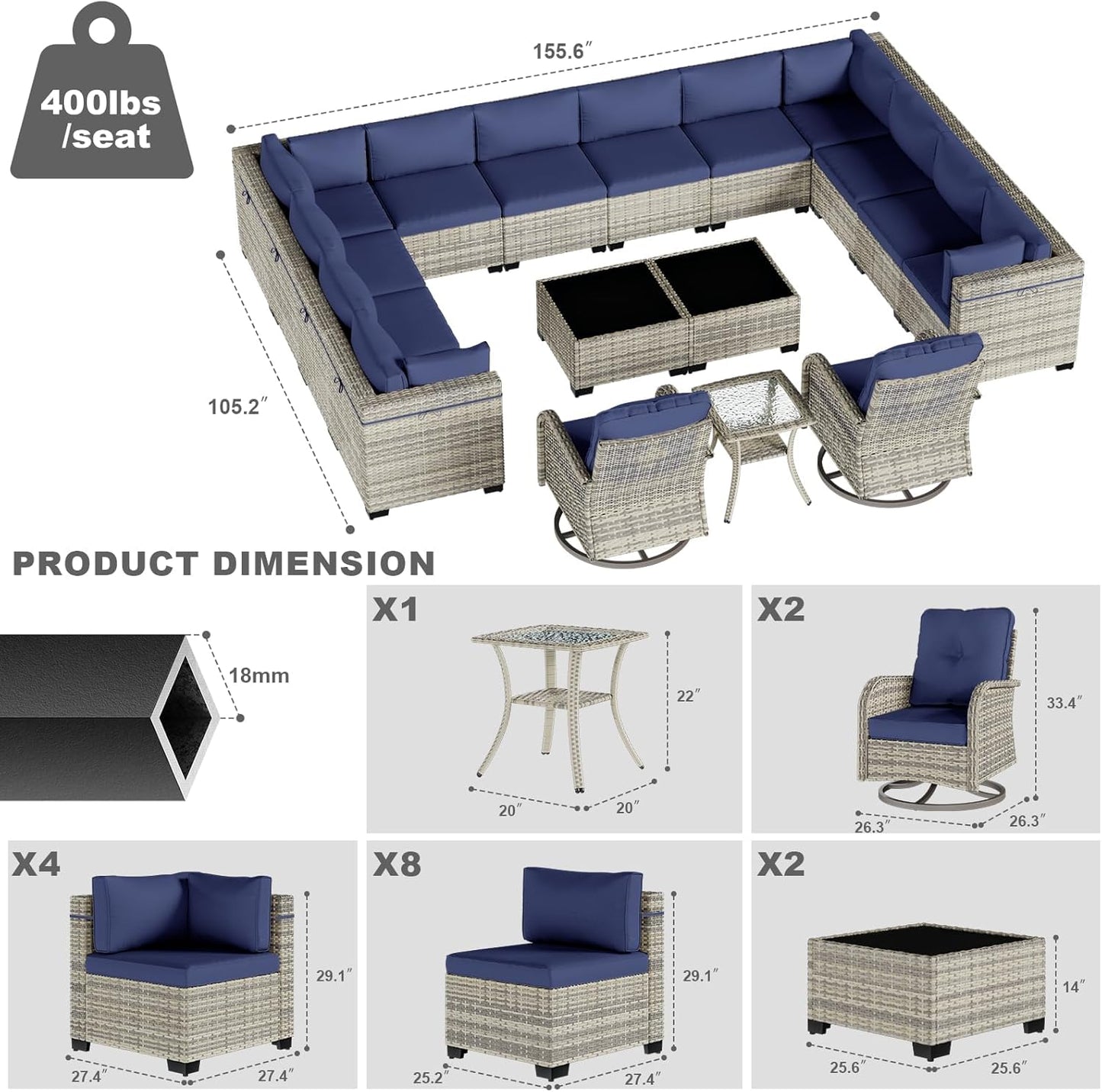 17-Piece Patio Furniture Set, Outdoor Patio Furniture with Swivel Chairs Set, Thick Cushions, Modular Patio Sofa, Dual-Strand Wicker Rattan, Rust-Resistant Frame, Deep Blue